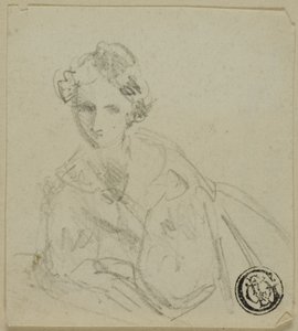 Boceto de medio cuerpo de mujer con vestido de noche apoyada en una balaustrada de Unknown