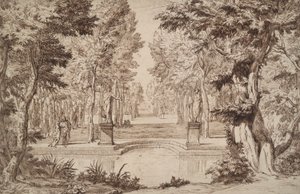 Vista imaginaria de un parque con estatuas y parejas de Unknown