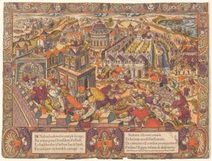 Jerusalem est prise & brulée, le Roy Sedecias a les yeux crevez. Et Jeremie est mene en Babilone. (Jerusalén es tomada y quemada; al rey Seleucis le sacan los ojos. Y Jeremías es llevado a Babilonia. Jeremías 39-43), núm. 6, La historia de Jeremías