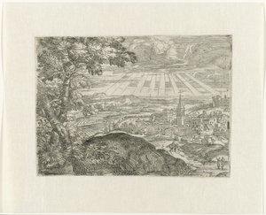Paisaje con vista a la ciudad y sol radiante. de Unknown