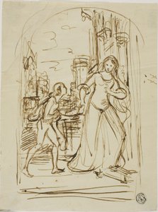 Ilustración literaria: Dama medieval con paje (anverso); Bocetos de figuras (reverso) de Unknown