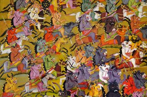 Pintura Marwar: (detalle) Los demonios se preparan para la batalla contra la diosa Durga, Museo del Palacio de Mehrangarh, Jodhpur, Rajasthan, India de Unknown