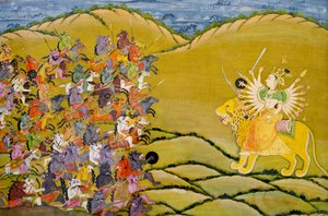 Pintura Marwar: Los demonios se preparan para la batalla contra la diosa Durga, Museo del Palacio de Mehrangarh, Jodhpur, Rajasthan, India de Unknown