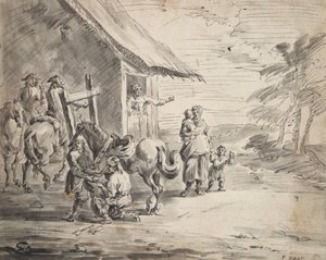 Hombres herrar un caballo fuera de un Country Inn de Unknown