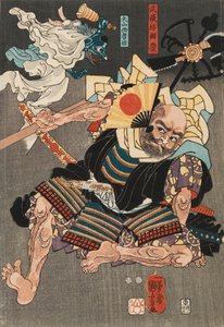 Minamoto Yoshitsune lucha contra Benkei en el puente Gojo, con la ayuda de demonios tengu, 1847-1850