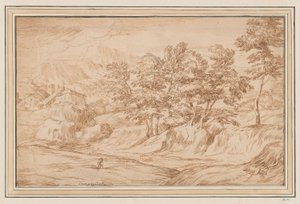 Paisaje montañoso con casas a la izquierda y árboles a la derecha de Unknown