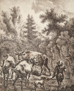 Arroyo de vadeo campesino con ganado y perros de Unknown
