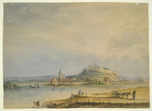 Escena del río con ciudad, castillo en la colina y campesinos trabajadores de Unknown