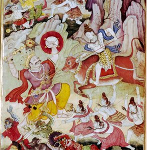 Siva destruye al demonio Andhaka, manuscrito Harivamsa, Mughal, c1590 de Unknown
