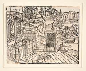 Los pastores Chromis y Mnasyle atando al durmiente Silenus. 1502. De una publicación ilustrada de Virgilio de Unknown