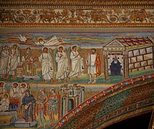 El arco del ábside izquierdo (Arco Triunfal) con la Natividad - José recibe una explicación de Unknown