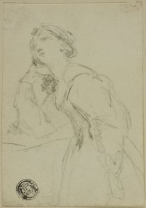 Boceto de tres cuartos de mujer con vestido de noche apoyando la cabeza en la mano derecha de Unknown