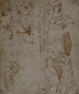 Tres Bocetos: Fortaleza, una Sandalia y Grotescos (recto); Bocetos de Grotescos y Coraza Romana (verso) de Unknown