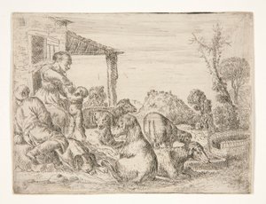 Sin título (Familia campesina con perros y corderos en un paisaje) de Unknown
