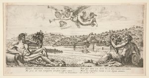 Vista de una ciudad con dos dioses del río reclinados y la fama tocando la trompeta arriba con dos escudos de armas de Unknown