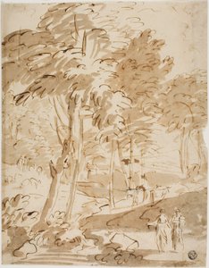 Paisaje arbolado con figuras y animales de Unknown