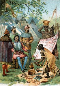 1518 - 1519: Fernando Cortés partió para la conquista de México y recibe los presentes del emperador Moctezuma. de Unknown artist