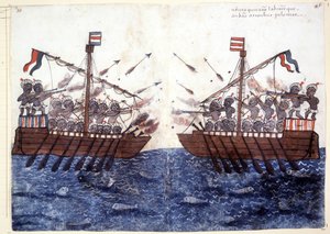 Grabado del siglo XVI que representa el encuentro con un barco pirata en el Océano Índico. Biblioteca Casantense de Roma. de Unknown artist