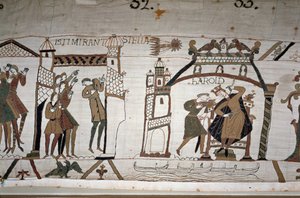 32: La aparición del cometa; 33: Un mensajero advierte al Rey Harold II (1022-1066) - Tapiz de Bayeux, conocido como Bordado de la Reina Matilde