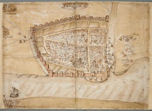 Representación de la ciudad de Hull en el siglo XVI.
Este mapa muestra la ciudad de Hull, situada donde el río Hull desemboca en el estuario del Humber. Forma parte de una serie de planos trazados para mostrar el estado de las defensas costeras a finales  de Unknown artist