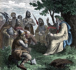 Un bardo recitando a los nórdicos - Civilización vikinga: Un bardo druida recita poesía a los guerreros, siglo VIII-IX