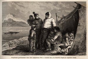 Una familia inuit de Groenlandia en su campamento de pieles de verano. Grabado para ilustrar el viaje al mar libre del polo Ártico, por el Doctor Hayes, cirujano de la Marina de los Estados Unidos, en 1860-1862, publicado en "Le tour du monde, nouveau jour de Unknown artist