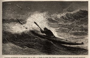 Un kayak de Groenlandia, pasando la barrera de olas. Grabado para ilustrar el viaje al mar libre del polo Ártico, por el Doctor Hayes, cirujano de la Marina de los Estados Unidos, en 1860-1862, publicado en "Le tour du monde, nouveau journal des voyages", 