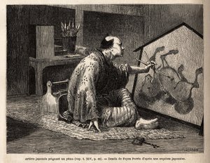 Un artista japonés pintando una yema (pintura de caballo legendario). Grabado para ilustrar el viaje a Japón, en 1863-1864, por Aime Humbert, ministro de la Confederación Suiza, en 