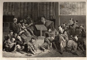 Una escuela japonesa, para la instrucción de niños, sentados alrededor de su maestro, aprenden a través de ejercicios de recitación los elementos del alfabeto y la gramática. Grabado para ilustrar el viaje a Japón en 1863-1864, por Aime Humbert, ministro d