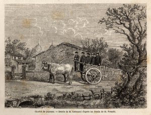 Un carro sienés de campesinos, con dos ruedas, para el transporte de barriles de vino, tirado por un par de pequeños bueyes blancos. Grabado para ilustrar un viaje a Siena (Italia) en 1865, en “Le tour du monde, nouveau journal des voyages” publicado bajo  de Unknown artist