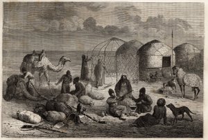 Un campamento turcomano en la zona fronteriza de Turkestán y Persia, cada tienda, compuesta de celosía de madera y cubierta de fieltro, alberga a una familia. Grabado para ilustrar la historia de Henri de Blocqueville "14 meses de cautiverio entre los turc de Unknown artist