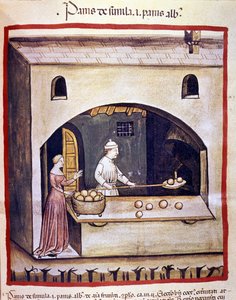 Un panadero prepara pan blanco y pan de sémola. Iluminación del tratado de medicina y dietética "Tacuinum sanitatis" de Unknown artist