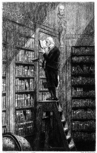 Un bibliotecario en su escalera examinando libros en estanterías. Grabado del siglo XIX