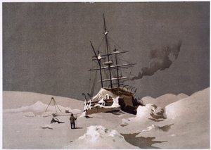 Un barco atrapado en el hielo - en “Las costas del mar polar, una narración de expedición ártica”, por el Dr. Edward Moos, Marcus Nard & Co, Londres de Unknown artist