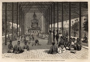Ceremonia de ordenación de un bonzo en un templo en las cercanías de Angkor, Camboya. Grabado para ilustrar el viaje de exploración en Indochina, por Francis Garnier, teniente de Vaissseau, en 1866-1868, publicado en “Le tour du monde” 1870-1871, editado p de Unknown artist