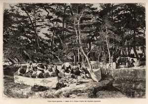Un picnic burgués en los suburbios de Edo (actual Tokio), dentro de un recinto de tela, los invitados, generalmente dos familias, comparten su comida y a menudo contratan músicos, bailarines y mimos para la ocasión. Grabado para ilustrar el viaje de Unknown artist