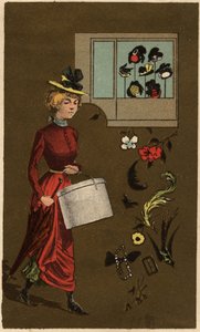 Una mujer burguesa llevando una sombrerera, cromolitografía anónima, finales del siglo XIX. de Unknown artist