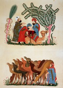 Una caravana en movimiento. Ilustración del siglo XIII de las "Maqamat" (Sesiones) por Abu Mohammed al-Kasim ibn Ali Hariri (o Al-Hariri o Al Hariri) (1054-1122) en "Arte Árabe" de los monumentos de El Cairo del siglo VII al XVIII por P de Unknown artist