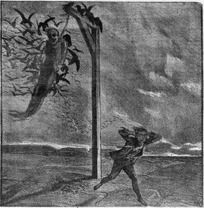 Un niño se asusta al ver a un hombre ahorcado devorado por cuervos - Ilustración de “El hombre que ríe” de Victor Hugo (1802-1885) - Grabado en “Le Journal Illustré” de Unknown artist