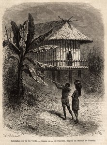 Una pareja de indios de Río Verde (Brasil) el hombre con su cerbatana, frente a una casa típica sobre pilotes. Grabado para ilustrar el viaje a Nueva Granada, por el Dr. Saffray, en 1869, publicado en 