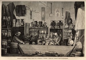 Un negocio de curiosidades en Yokohama. Grabado para ilustrar el viaje a Japón, por Aime Humbert, ministro de la Confederación Suiza, en 1863-1864, publicado en 