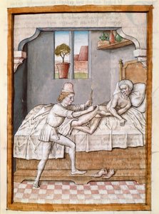 Un doctor trata a un paciente. Miniatura de una traducción alemana de las fábulas de 