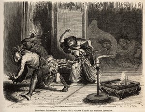 Un exorcismo doméstico, ceremonia del oni arahi, el jefe de la casa vestido con sus mejores ropas, espada en el cinturón, recorre a medianoche las habitaciones de su casa y arroja habas tostadas para ahuyentar a los demonios y atraer al dios de la riqueza 