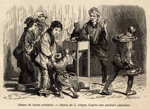 Una adivina en las calles de Edo (ahora Tokio). Grabado para ilustrar el viaje a Japón, por Aimé Humbert, ministro de la Confederación Suiza, en 1863-1864, publicado en Le tour du monde, bajo la dirección de Edouard Charton, Hachette, París de Unknown artist