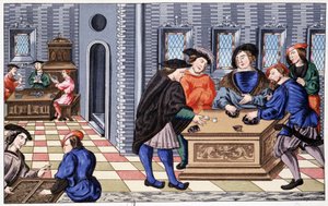 Una casa de juegos en la era del Renacimiento basada en una miniatura sobre Vellum: juego de ahora en adelante. Cromolitografía del siglo XIX