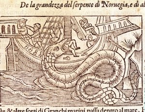 Una serpiente marina gigante ataca un barco y golpea a su tripulación. Grabado de Olaus Magnus (1490-1557), religioso y geógrafo sueco, “Historia de Gentis Septentrionalibus”, Venecia de Unknown artist