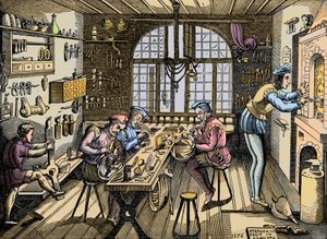Taller de un orfebre - Artesanía: vista del taller por Etienne Delaune, orfebre e impresor francés. Grabado después de un original de 1576. Taller de Etienne Delaune, un orfebre en París de Unknown artist