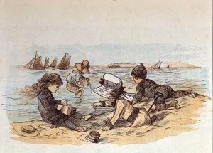 Un grupo de niños jugando junto al agua en la arena. 1881 de Unknown artist