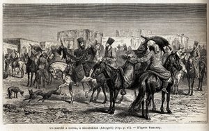 Un paseo a caballo en Shurakhan (Kirguistán). Dibujo de Emile Bayard para ilustrar el viaje a Asia Central en 1863 de Arminius Vambery. Grabado en 