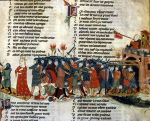 Un rey es capturado y llevado por el ejército enemigo mientras las víctimas de la batalla yacen en el suelo. Miniatura del 